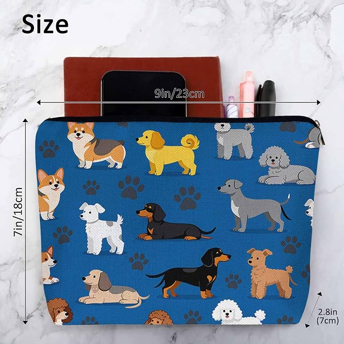Woman Makeup Bag Dog, Cute Dogs Pet Puppy Blue Makeup Bags Travel Cosmetic Bags Toiletry Makeup Organizer Pencil Pouch Make Up Cosmetic Bag For Owners Lady Birthday Gifts