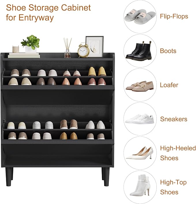 GarveeHome Shoe Cabinet with 2 Flip Drawers, Wooden Shoe Organizer Cabinet with Adjustable Shelf, Shoe Storage for Entryway, Hidden Shoe Cabinet for Hallway, Living Room, Black
