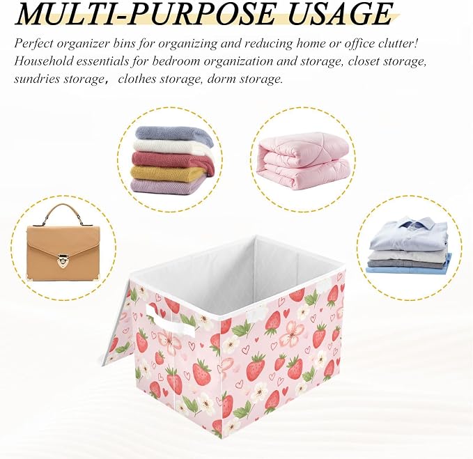 Strawberry Fabric Storage Bins with Lid Foldable Storage Boxes 40L Baskets | Decorative Storage Boxes, Foldable & Stackable, Dust-Proof Flip Top, Reinforced Handles, For Home & Dorm, Clothes & Toy Box