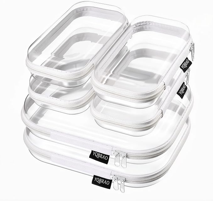 YQBRAO Clear Hard Shell Zipper Cases, 6 Travel Organizers, 2M 4S, White | Rigid clear shells in two practical sizes separate toiletries, skincare, cosmetics, chargers and frequently used accessories