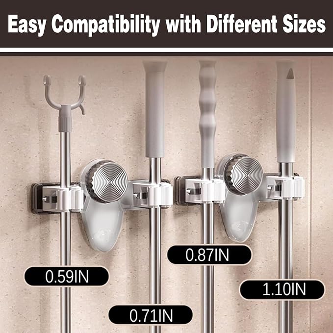 6PCS Broom Holder Mop Hanger Wall Mount, No Drill Suction Cup Mop and Broom Organizer with Hooks, Space Saving Adjustable Rack Removable Mop Clip for Bathroom, Kitchen, Garage, Laundry Room