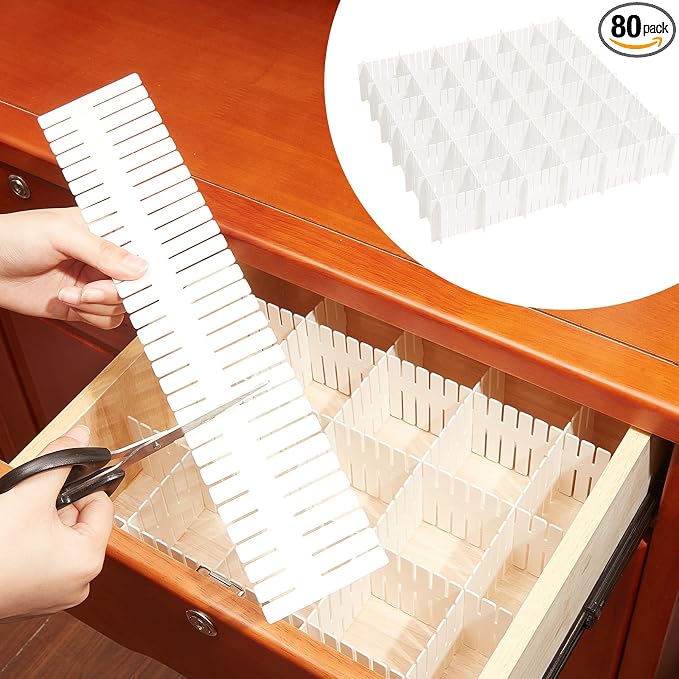 Vesici 80 Pcs Drawer Dividers Adjustable Plastic Organizer DIY Separators Storage Dividers for Socks, Underwear, Makeup, Tidy Kitchen, Bedroom, Dresser(White)