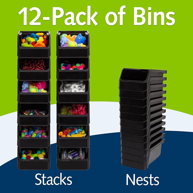 Small Stackable Plastic Storage Bins, 12-Pack, Black | Open-Front Stackable Bins For Garage, Pantry, Closet & Office, 7"L X 4"W X 3"H, Nests When Empty, Durable Plastic