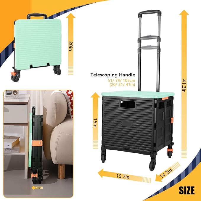 Foldable Utility Cart Portable Rolling Crate Handcart Shopping Trolley Collapsible Tool Box with Rotate Noiseless Wheels Telescoping Handle Lid for Travel Move Storage Office School (Green)