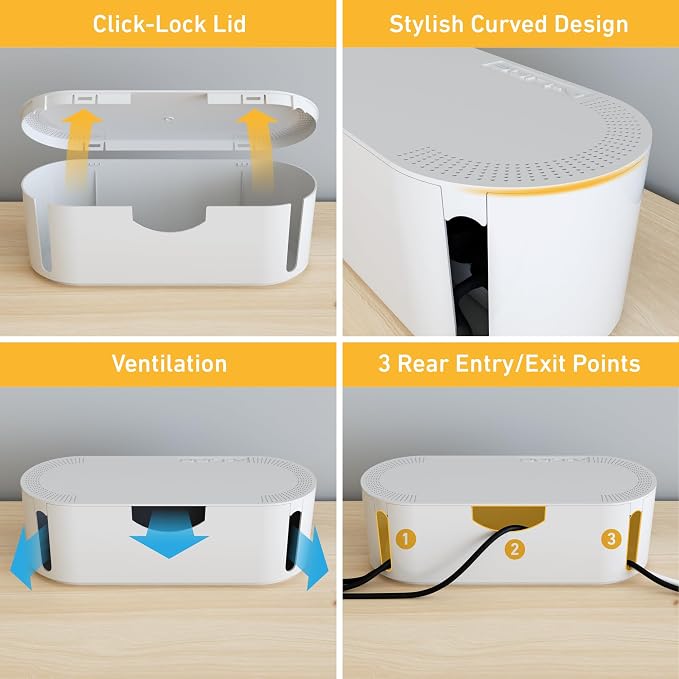 D-Line Cable Management Box with 6 AC Outlet 6ft Power Strip, Hide Extension Cords and Excess Wire Clutter, 12.75in (L) x 5in (H) x 4.5in (W) - Small, White