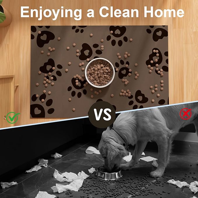 BLESWIN Pet Feeding Mats 16"x24", Water Absorbing Mat for Dog Bowl, Dog Dish Mats for Floors Waterproof, Non Slip Mat for Dogs, Pet Water Mat Protect Floor, Cat Mat for Food and Water, Brown
