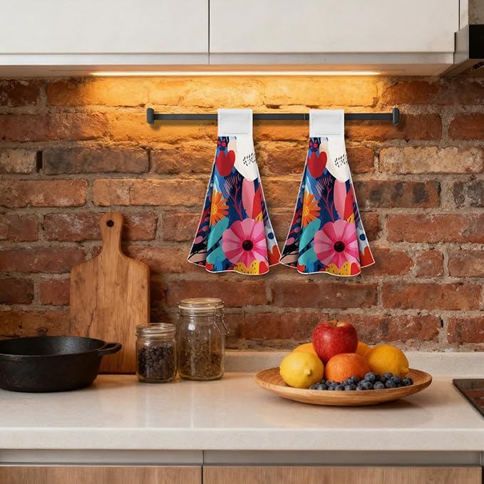 CUTHOLLOW Abstract Flowers Hanging Kitchen Towels with Loop, Set of 2 - Soft & Super Absorbent Microfiber Decorative Hanging Dish & Hand Towel, Tea, Coffee Towel for Kitchen Bathroom Oven Handle