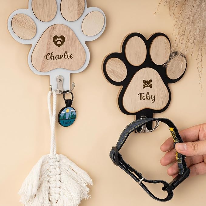 Custom Dog Paw Leash Holder, Personalized Pet Collar Hook, Engraved Paw Print Wall Hanger, Dog Leash Rack Organizer, Pet Lover Gift