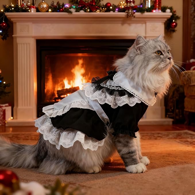Pet Maid Outfit Cat Princess Dresses Adorable Costume with Headwear for Cats Dogs Birthday Party Black XL