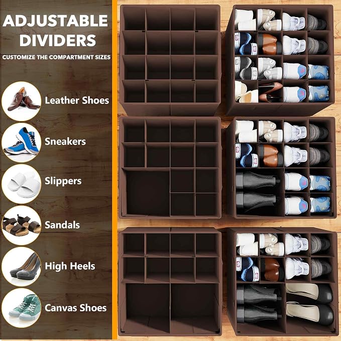 SpaceAid Shoe Organizer for Closet, 2 Pack Foldable Shoe Storage Containers Baskets Boxes Bins w/Adjustable Dividers, Fits 16-32 Pairs, Brown