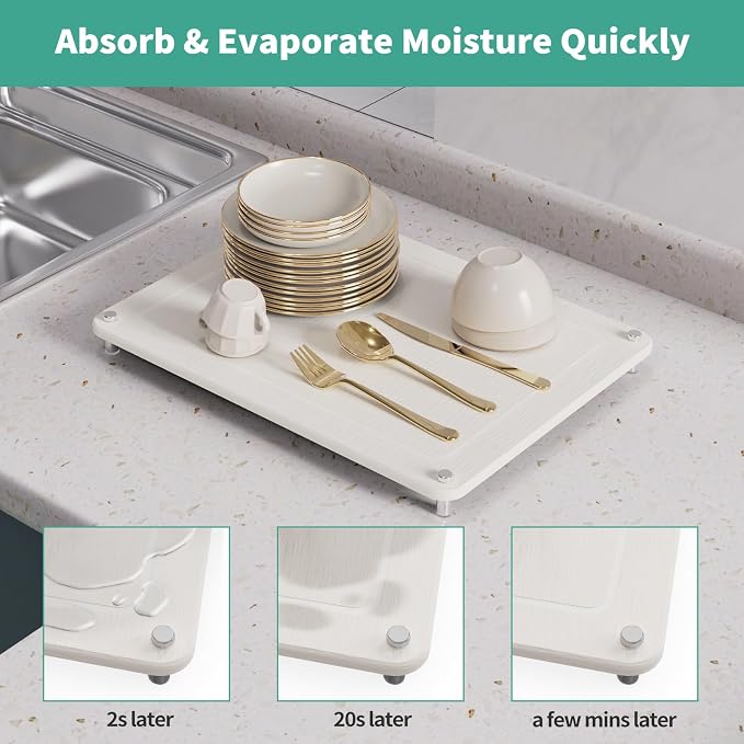 Dish Drying Stone, Water Absorbing Stone Dish Drying Mats for Kitchen Counter, Non-Slip Stone Drying Sink Tray Pad for Dish Bottles Cups, Diatomaceous Earth Sink Caddy Organizer, White