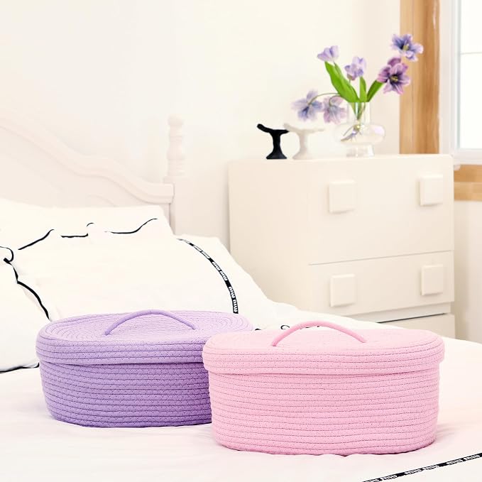 Sea Team Oval Storage Basket, Woven Cotton Rope Basket with Lid, Pink | Decorative Knitted Storage Bin, Multi-Purpose Lidded Organizer for Closet Shelves, Nursery and Household Storage