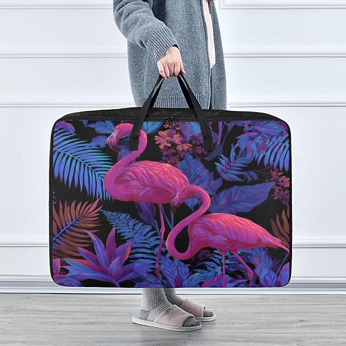 Comforter Storage Bags Large Folding Blanket Organizer Bag with Strong Handles Clear Window Closet Storage Containers for Clothes King Queen Pillows Bedding Quilt Duvet Blue Purple Flamingo Pal