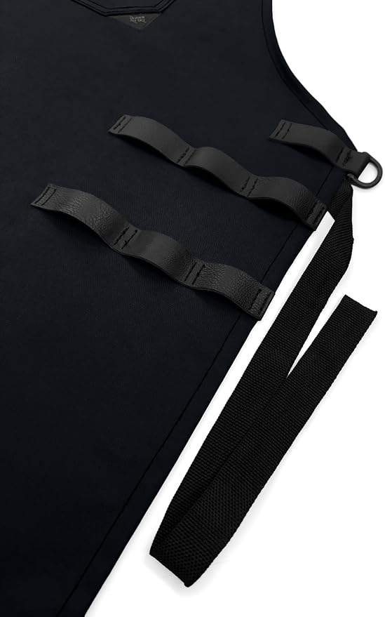 Under NY Sky Barber Apron, Cross-Back, Leather Loops, Flapped Pocket, Black | Oxford Canvas Resists Liquids, Chemicals, Ink, Dye. All Reinforced. Easy Sanitation For Hair Stylist, Salon, Colorist, Barber