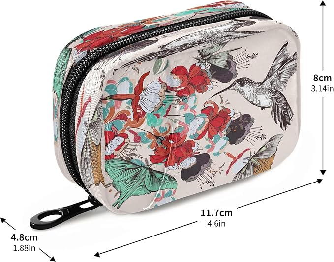 Naanle Floral Butterfly Hummingbird 7 Day Pill Case Travel Pill Organizer Bag with Zipper Portable Weekly Case Compact Size for Vitamin Supplement Holder
