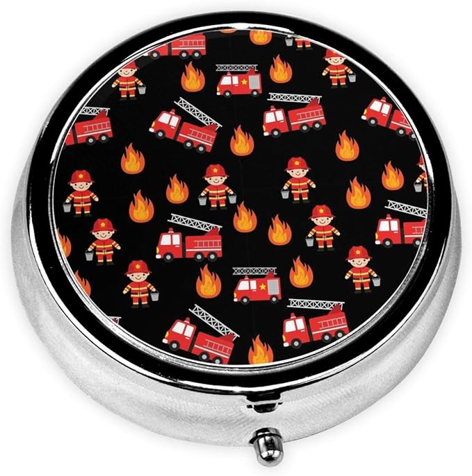 Purse Pill Case, Compact Round Holder for Vitamins, Travel Organizer Pocket Friendly, Moisture Proof Design for Women, Cute Cartoon Firefighter Red Fire Truck