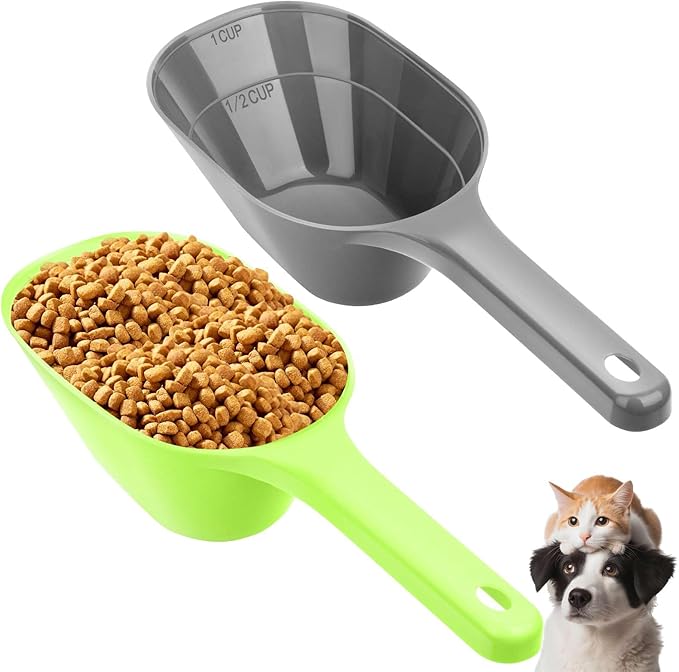 2 PACK Dog Food Scoop,1 Cup Capacity Pet Food Scoop For Dog and Cat | Grey and Green,Clear Markings for Precise Measuring 1/2 and 1 Cup Lines,Dishwasher Safe,Plastic,Portable and Sturdy