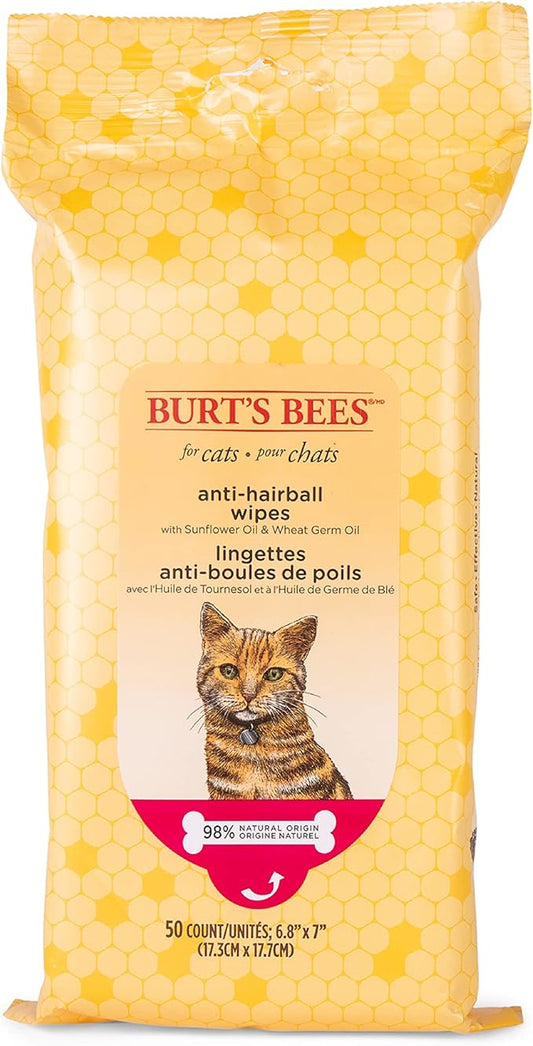 Burt's Bees for Pets Anti-Hairball Wipes for Cats, Sunflower Oil and Wheat Germ Oil, 98% Natural Origin, Cruelty-Free Cat Hairball Remedy Wipes, pH Balanced, Made in the USA, 50 Count