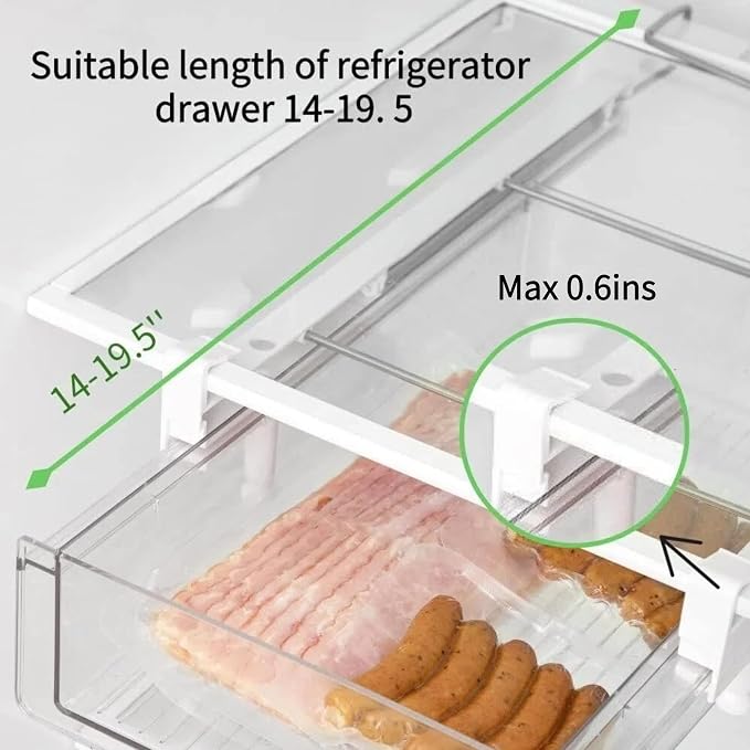 vacane Refrigerator Organizer Bins, Clear Plastic Fridge Drawer With Handle Pull Out Fridge Drawer Organizer Under Shelf Drawer For Cheese, Deli Meat, Drinks, Fruit, Vegetable, Heavy Duty-M