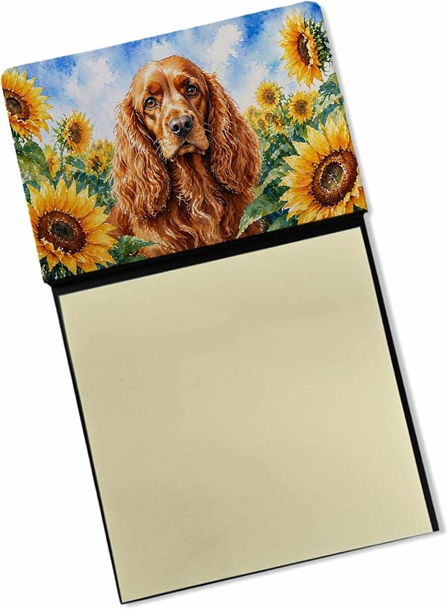 Caroline's Treasures Cocker Spaniel in Sunflowers Watercolor Sticky Note Holder Refillable Dispenser Desk Accessory 3x3 Pad Gift