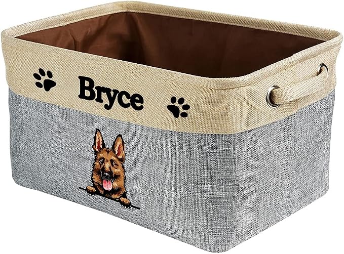 Personalized Fabric Dog Toy Storage Basket with Cute Dog German Shepherd Collapsible Sturdy Fabric Pet Toys Storage Bin Cube with Handles for Organizing, Grey and White