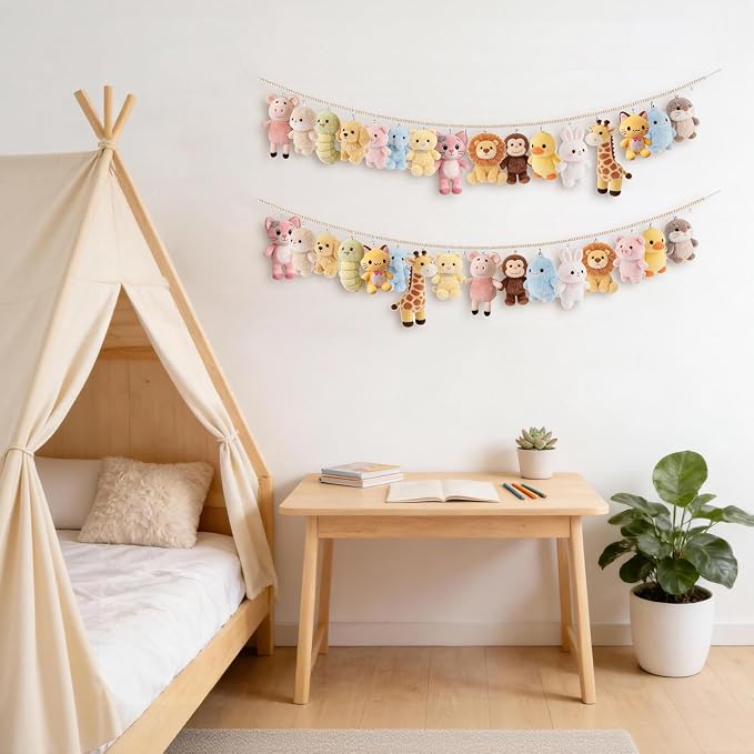 Mkono 2 Pack Hanging Stuffed Animal Storage Hanger Nursery Wall Decor Boho Wood Beads Plushies Holder Display with 40 Clips Hanging Baby Hat Socks Photo Artwork for Kids Room Playroom Bedroom, 76”
