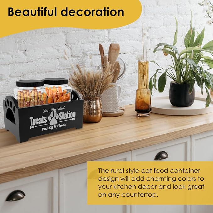 UKQRRTC Wood Dog Treat Container with Jars and Stickers Anti Deformation Space Saving Dog Treat Organizer Dog Treat Station for Countertop (Black)