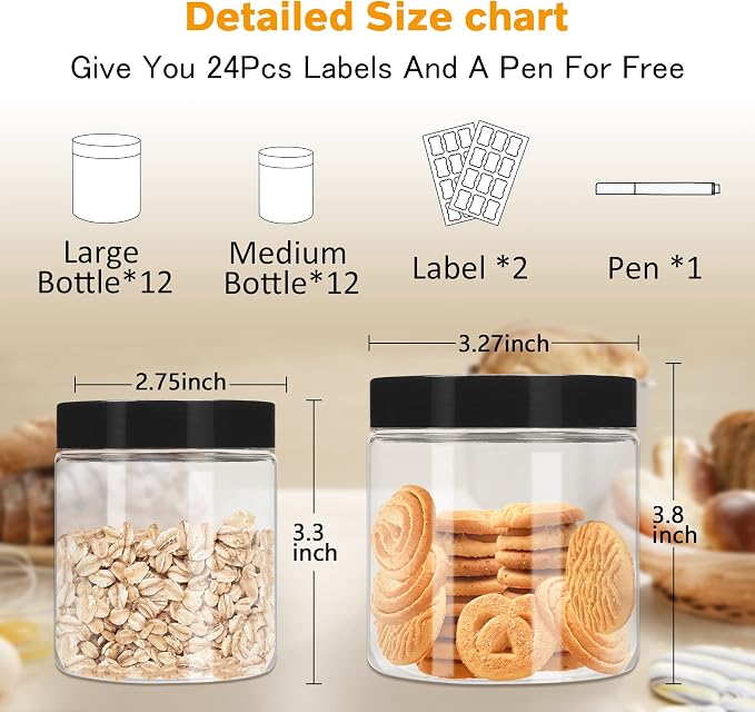 Hajoyful Plastic Jars with Lids 8 oz & 14 oz 24Pcs Clear Plastic Slime Storage Jars Containers with Airtight Leak Proof Black Screw On Lids Cylinder Clear Round Jar Food Grade Durable Jar