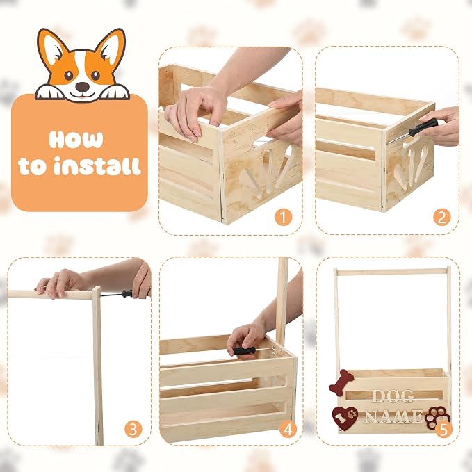 Wooden Pet Wardrobe Closet Toy Basket Box with Hanging Rods Personalized Pet Alphabet Letters Easy Assembly Baskets Dog Toy Box for Dog Cat Toys Clothes Organization Storage Accessories