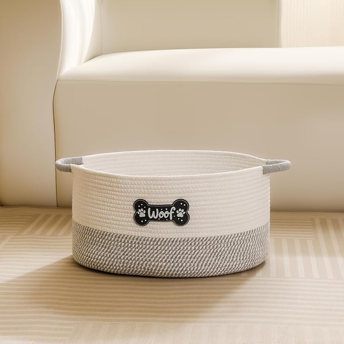 Dog Toy Basket, Dog Toy Box Organizer Baskets, Woven Cotton Rope Pet Puppy Dogs Toy Bin With Handle, Chew Toys Blankets Leashes Grey Storage Baskets for All Pets - Puppies to Large