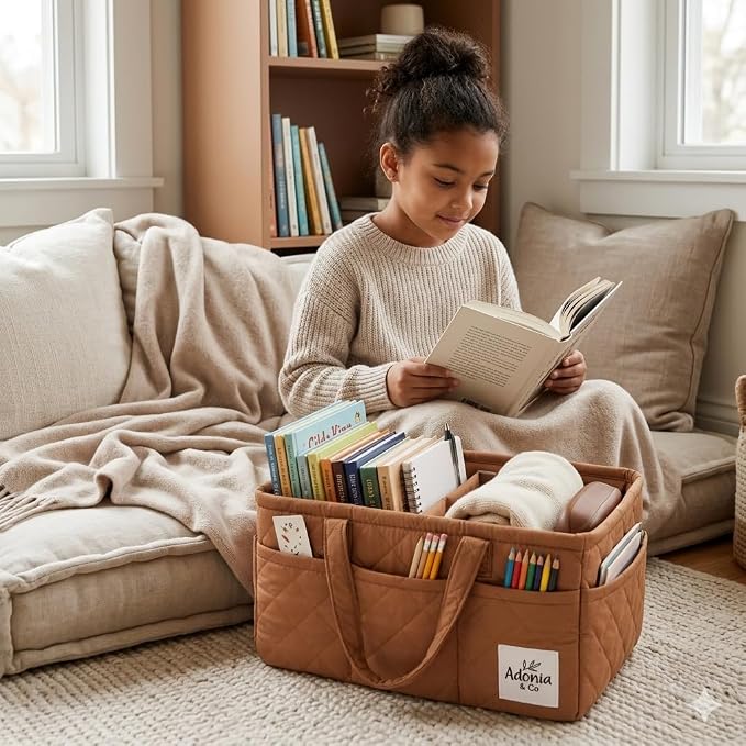 Adonia & Co Diaper Caddy Organizer – Baby Essentials Organizer, Large Nursery Storage Basket with Removable Divider, 8 Exterior Pockets, Portable, Machine Washable, Structured Design, Brown