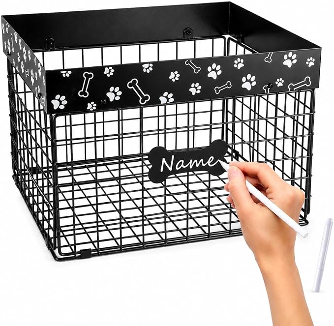 Metal Dog Toy Basket for Living Room, Foldable Dog Toy Storage Bin with Personalized Bone Label, Chew Resistant Pet Toy Organizer Basket, Durable Wire Dog Toy Box for Balls, Ropes, Plush Toys