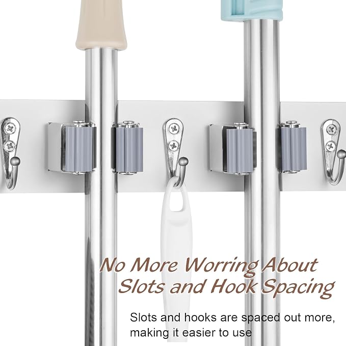 OUTNILI 2 Pack Mop Broom Holder Wall Mount - White Wood Broom Mop Hanger - Wall Mounted Garden Tool Rack Organizer for Closet Garage Laundry Room, 4 Slots & 4 Hooks