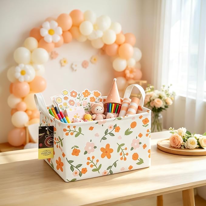 Rectangle Foldable Storage Basket Handles For Home, Orange Flower | Waterproof canvas material, reinforced handles, perfect for shelf use, organizes clothes, daily items and pet supplies