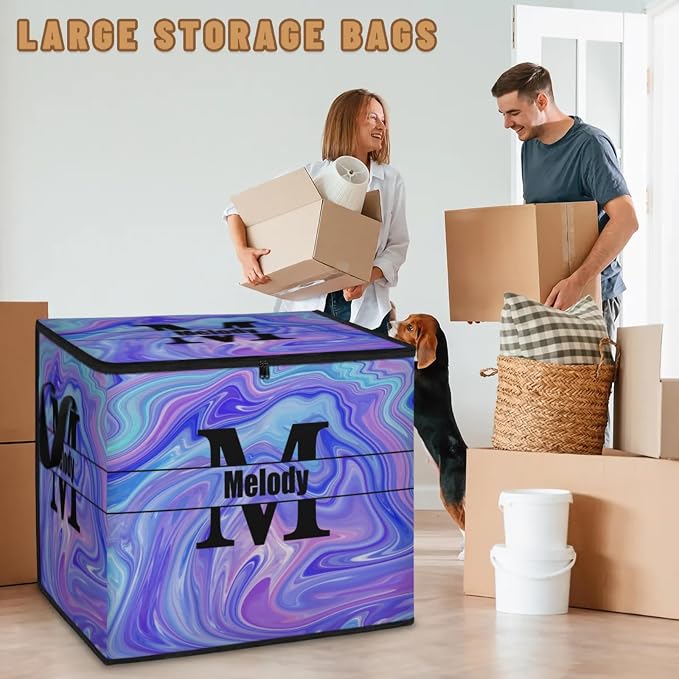 Personalized Storage Bins with Lid, Customized Name Initial Letter Jumbo Storage Basket Rectangle Clothes Organizer for Organizing Kids and Pets Toys Shelf Closet, Abstract Purple Pattern