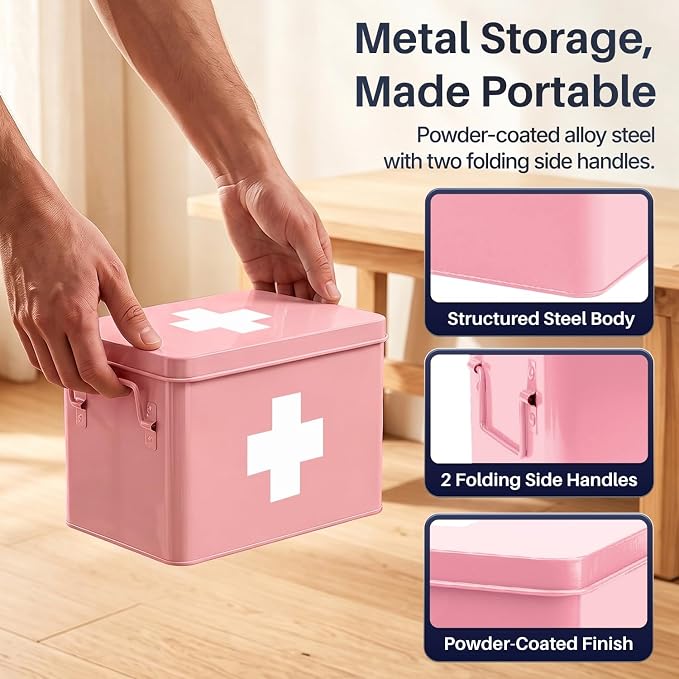 Flexzion Large Metal First Aid Box Empty, 8.5-Inch, Pink with White Cross | Vintage Medicine Box and First Aid Storage Organizer with Removable Tray and Dividers; Empty Box Only, Supplies Not Included