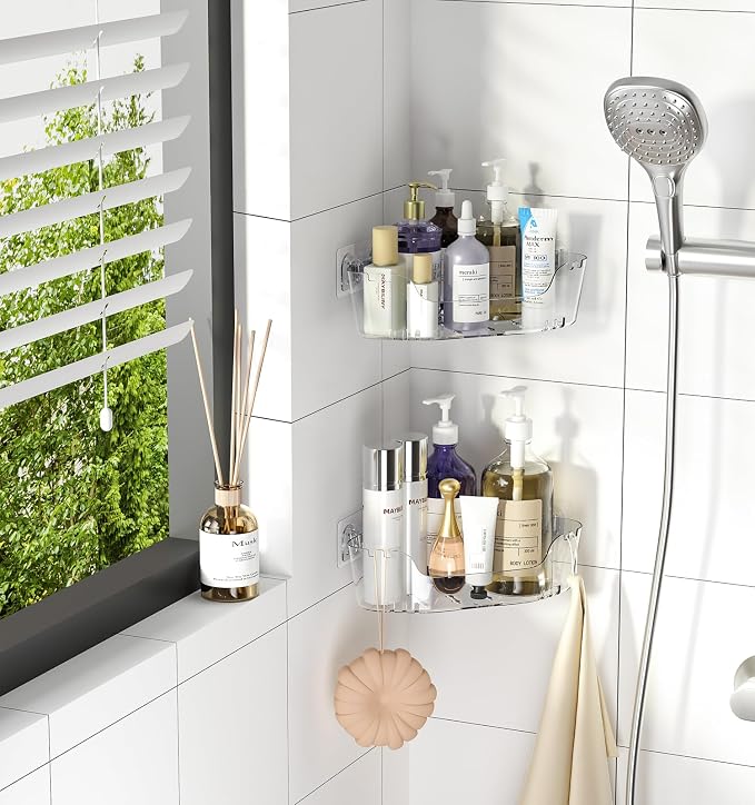 Corner Shower Caddy 3 Pack Clear Acrylic Bathroom Organizer Caddy | Large Capacity, Corner Shower Shelves with Soap Holder and Hooks, Waterproof and Rustproof, Multiple Drainage Holes