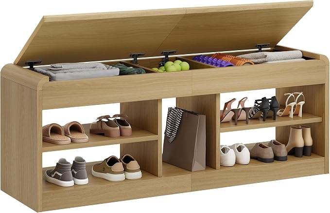 Shoe Storage Bench with Flip-Open Box & Shelf, Natural | 47.2in Bench Fits Hallways, Bedrooms And Living Room, With Sturdy Wood Construction For Daily Use