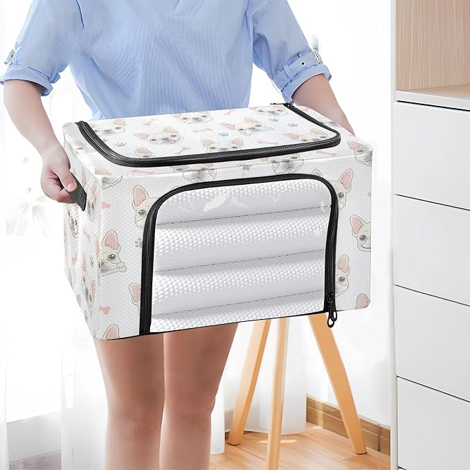 Bone Pets Dog White print Under Bed Storage Containers with Double Zipper Openings, Foldable Clothes Storage Bins with Clear Window and Handles for Blankets Comforters Bedding
