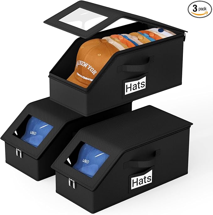 AOODA 3 Pack Stackable Hat Storage Box for Baseball Caps, Holds 36 Caps | Hat Organizer for Closet, Sturdy Hat Boxes for Men, with Cardboard, Space-Saving, Pure Black