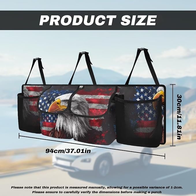 Dreaweet American Flag Bald Eagle Trunk Organizer for Car with Pockets Collapsible Trunk Organizer for SUV Trucks Sedan Van Patriotic Car Accessories Interior Back Seat Hanging Storage Organizers