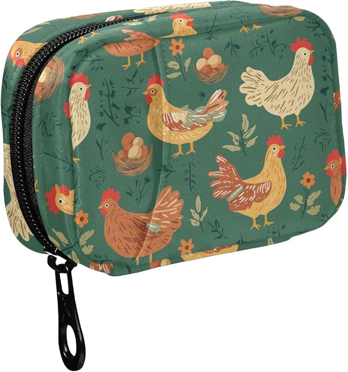 Fustylead Cute Rooster Hen Eggs Chicks Nest Plants Travel Pill Case Bag with Zipper Weekly Pill Box 8 Compartments 7 Day Personal Pill Case Purse Medicine Case Organizer