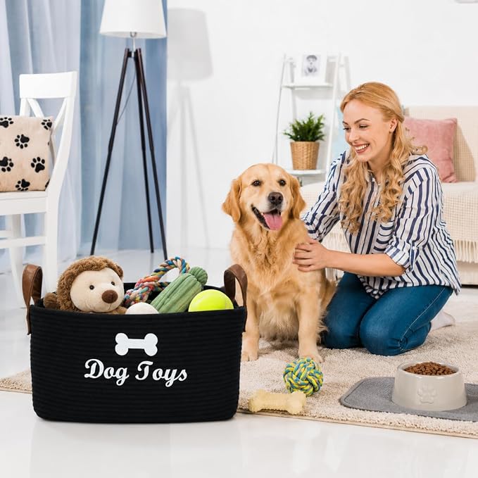 Large Dog Toy Basket, 100% Cotton Rope Dog Toy Storage Bin-Black | Dog Toy Box for Livingroom Area with Handle for organizing Pet toys,Blankets,Leashes,Pee Mats and Diapers-16.5"x10.6"x 7.5"