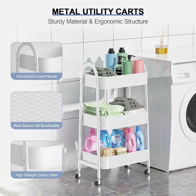 3 Tier Utility Rolling Cart, Metal Storage Cart with Handle and Lockable Wheels, Multifunctional Storage Organizer Trolley with Mesh Baskets for Kitchen, Living Room, Office, Garage (White)
