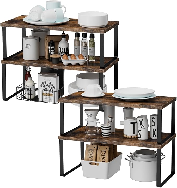 OGEMXU Cabinet Shelf Organizers, 15.7 inches Large Kitchen Counter Shelf, Set of 4 Wood Kitchen Pantry Organizer, Storage Shelves for Countertop, Spice Rack, Stackable, Expandable, Metal Black, Brown