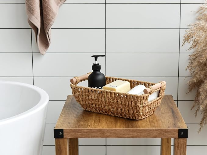 StorageWorks Hand-Woven Small Wicker Baskets, Round Paper Rope Storage Baskets with Wooden Handles, Light Brown, 2-Pack | Wicker Storage Baskets for Shelves, Baskets with Wooden Handles, 2-Pack Gifts Basket for Home Decor, Hand-Woven Basket