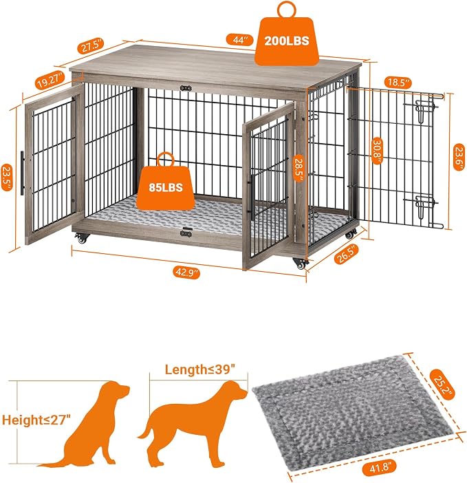 YaFiti Dog Crate Furniture, 44" Wooden Indoor Dog Kennel, Grey | Cushion, Wheels, Double Doors, for Large Dogs, Up to 85 lb, Furniture Style, Side End Table, Decorative Pet Cage House