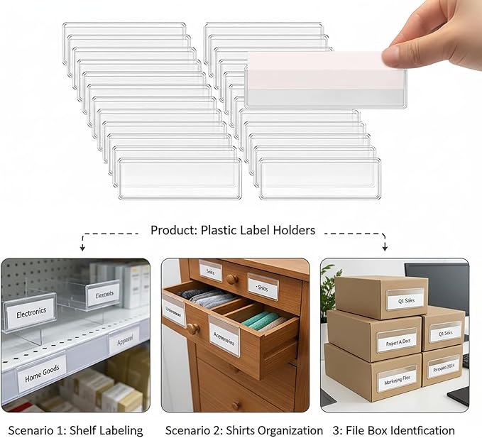 Adhesive Shelf Tag Label Holders Clear, Label for Storage Bins, 60pcs | Clear Drawers Label with Index, Card Pockets for File, Cabinet, Supermarket, Bookshelf, Mailbox, Kitchen, 1x4.1'