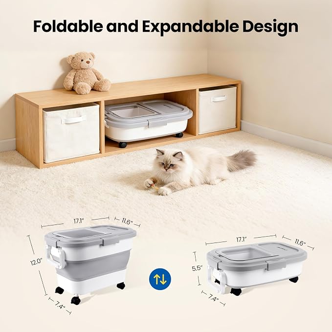 Dog Food Storage Container 15-25lbs, Airtight Pet Food Bin with Locking Lid & Clear Window, Collapsible Rolling Storage Container with Wheels & Scoop, Gray