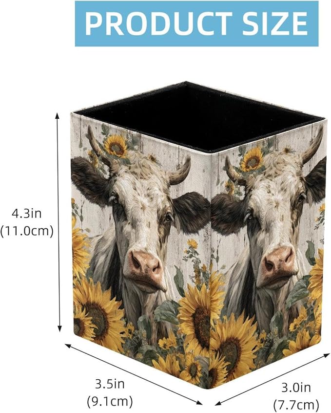 Sunflower and Cow Pen Holder for Desk Decor, Rectangular PVC Leather Pencil Cup for Desk Pen Organizer, Makeup Brush Holder for School, Home, Office